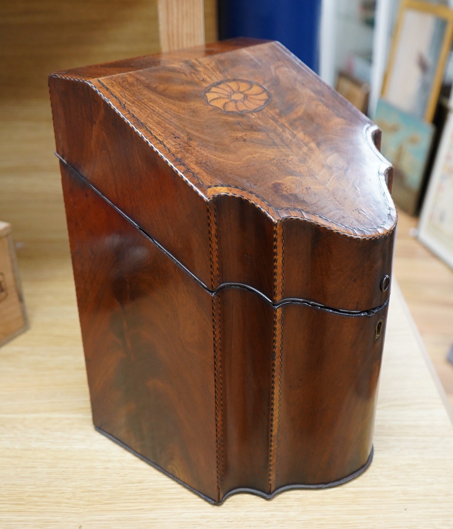 A George III mahogany shell inlaid knife box, 35cm high. Condition - good